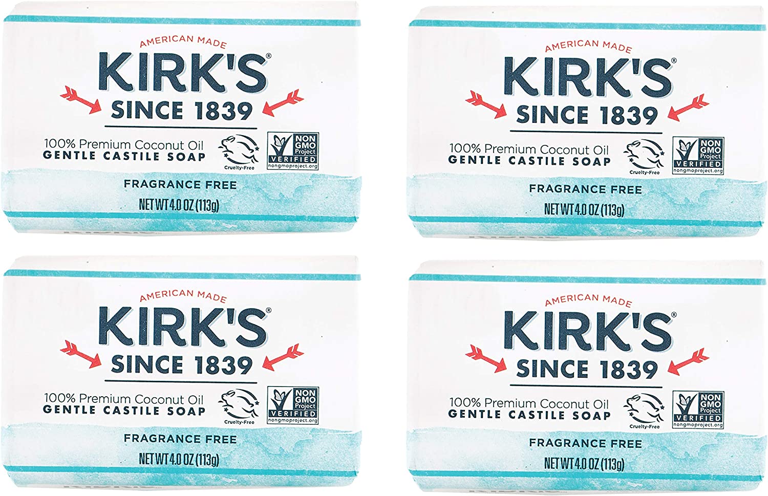 Kirk's Castile: Coco Castile Bar Soap, Fragrance Free 4 oz (4 pack)